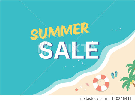 Summer banner, ocean background illustration, summer materials, beach, inner tube, shoreline, flip-flops. 140246411