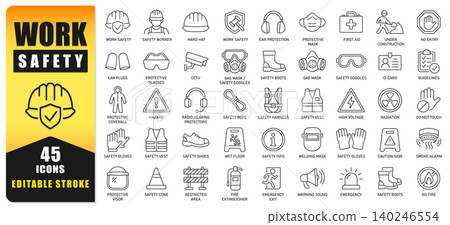 Work Safety Line Icon Set Featuring Personal Protective Equipment, Hazard Warnings, Emergency Signs, Construction Safety, And Workplace Protection Symbols. Editable Stroke Vector Icons For Industrial Work Safety Line Icon Set Featuring Personal Protective Equipment, Hazard Warnings, Emergency Signs, Construction Safety, And Workplace Protection Symbols. Editable Stroke Vector Icons For Industrial 140246554
