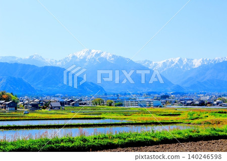Scenery of Azumino in May; Scenery of Shinshu; Spring rural landscape Scenery of Azumino in May; Scenery of Shinshu; Spring rural landscape 140246598