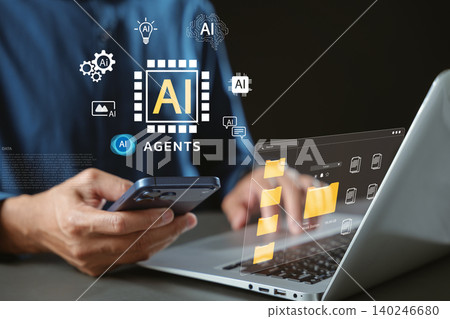Smartphone AI digital file management artificial intelligence technology smart workflow automation data innovation helps users organize folders using virtual agent software on laptop Smartphone AI digital file management artificial intelligence technology smart workflow automation data innovation helps users organize folders using virtual agent software on laptop 140246680