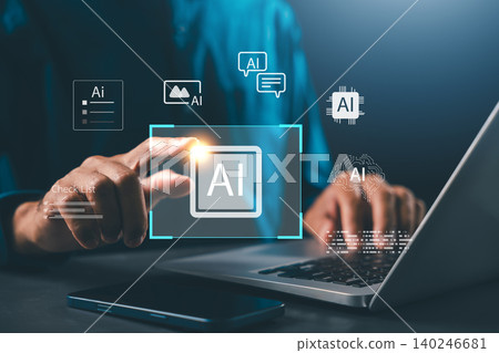 AI technology power, smart robot intelligence, command prompt transformation drives AI innovation, professional person uses laptop for business, global science network expands reach AI technology power, smart robot intelligence, command prompt transformation drives AI innovation, professional person uses laptop for business, global science network expands reach 140246681