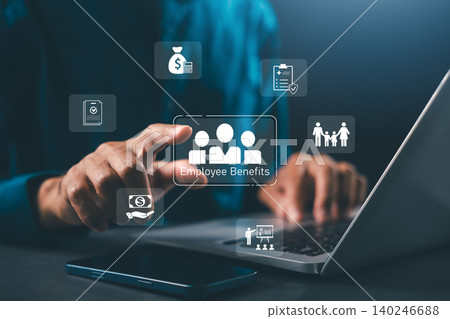 Employee benefits compensation strategy involves healthcare insurance while person using laptop selects virtual icons representing financial perks vacation and workplace incentives Employee benefits compensation strategy involves healthcare insurance while person using laptop selects virtual icons representing financial perks vacation and workplace incentives 140246688