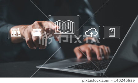 Library elibrary laptop ebook online internet digital knowledge allows electronic education concept where finger touches icon for virtual archive or cloud data storage systems 140246689