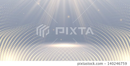 Luxury Golden Light Stage Background with Glowing Particle Waves and Spotlight Rays. Luxury Golden Light Stage Background with Glowing Particle Waves and Spotlight Rays. 140246759