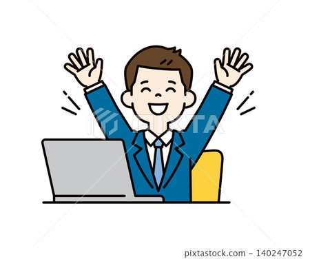 Vector illustration of a young businessman in a suit cheering and raising his arms in joy in front of a computer. Vector illustration of a young businessman in a suit cheering and raising his arms in joy in front of a computer. 140247052