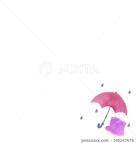 A watercolor illustration of a red umbrella, purple rain boots, and raindrops. A watercolor illustration of a red umbrella, purple rain boots, and raindrops. 140247679