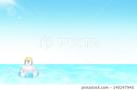 一隻可愛的小企鵝在海裡游泳,身邊還帶著救生圈。清新的水彩邊框設計,靈感來自夏日戲水時光。 一隻可愛的小企鵝在海裡游泳,身邊還帶著救生圈。清新的水彩邊框設計,靈感來自夏日戲水時光。 140247948