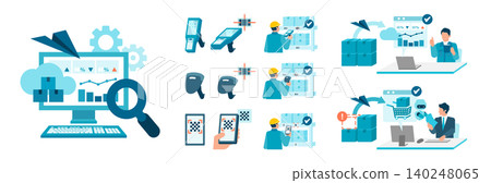 An illustration of a man performing inventory counting and automated ordering using the latest inventory management system and workflow that utilizes AI and cloud technology. An illustration of a man performing inventory counting and automated ordering using the latest inventory management system and workflow that utilizes AI and cloud technology. 140248065