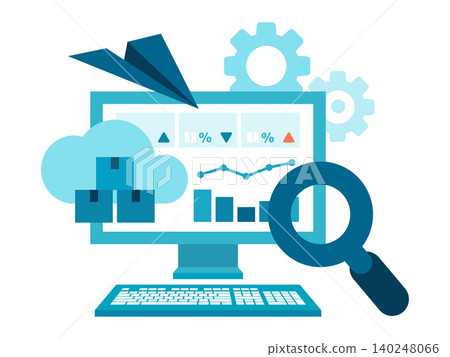 Image of a PC screen showing KPI figures and graphs on the dashboard of a cloud-based AI inventory management system. 140248066