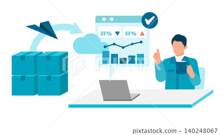 A male worker in work clothes checks a progress graph of KPIs synchronized with warehouse inventory data on his desk PC screen. 140248067