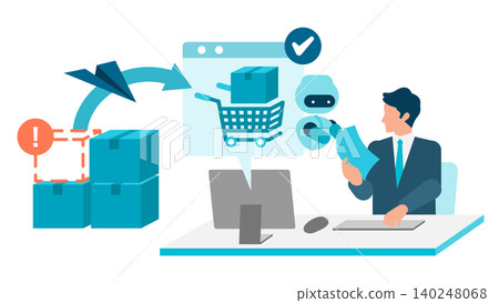 A businessman in a suit checks the AI-powered automated ordering system and stockout notifications on his desk PC screen. 140248068