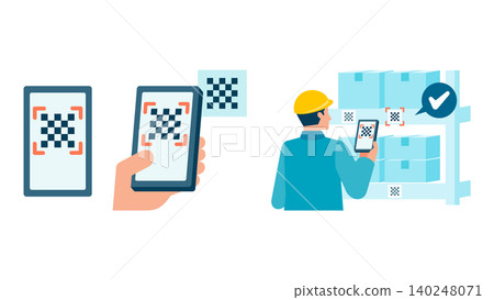 A man uses a smartphone-type handheld smart terminal to scan QR codes in a warehouse and manage inventory. 140248071