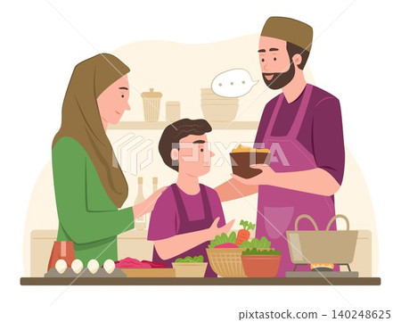Muslim Parents Teaching Their Son Prepare Food Ingredients for Cooking in Kitchen for Culinary and Family Relation Activity Concept Illustration Muslim Parents Teaching Their Son Prepare Food Ingredients for Cooking in Kitchen for Culinary and Family Relation Activity Concept Illustration 140248625
