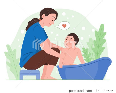 Mother Bathing Baby Son Outdoor in Bathtub in Garden for Childhood Healthcare and Family Relationship Concept Illustration Clip Art Mother Bathing Baby Son Outdoor in Bathtub in Garden for Childhood Healthcare and Family Relationship Concept Illustration Clip Art 140248626