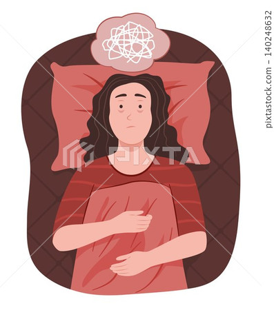 Insomnia Woman Lying in Bed with Stress and Confused Feeling for Sleepless and Mental Health Concept Illustration Insomnia Woman Lying in Bed with Stress and Confused Feeling for Sleepless and Mental Health Concept Illustration 140248632