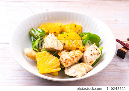Chicken, pineapple, and bell pepper stir-fry with salt koji Chicken, pineapple, and bell pepper stir-fry with salt koji 140248811