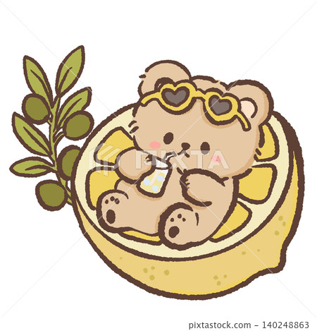 Adorable Teddy Bear Relaxing On Lemon Slice Float Wearing Heart Sunglasses Drinking Lemonade Mediterranean Summer Vacation Cute Kawaii Character Illustration Adorable Teddy Bear Relaxing On Lemon Slice Float Wearing Heart Sunglasses Drinking Lemonade Mediterranean Summer Vacation Cute Kawaii Character Illustration 140248863