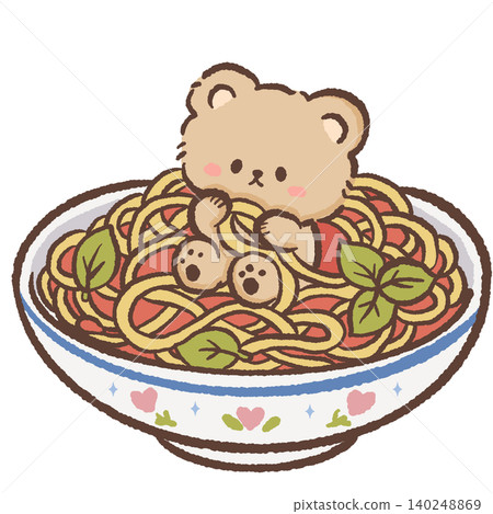 Adorable Kawaii Teddy Bear Sitting In Bowl Of Classic Italian Tomato Basil Spaghetti Pasta Mediterranean Food Lover Character Illustration Adorable Kawaii Teddy Bear Sitting In Bowl Of Classic Italian Tomato Basil Spaghetti Pasta Mediterranean Food Lover Character Illustration 140248869
