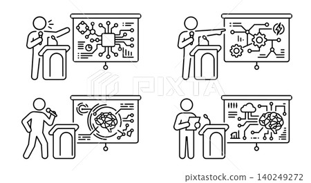 Speaker presenting AI technology, microchip and automation line icon set Speaker presenting AI technology, microchip and automation line icon set 140249272