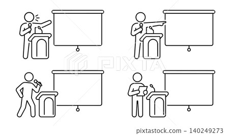 Speaker on podium with blank screen presentation template line icon set Speaker on podium with blank screen presentation template line icon set 140249273