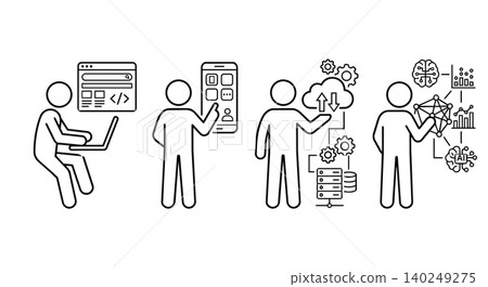 Developer working with cloud computing, programming and AI line icon set Developer working with cloud computing, programming and AI line icon set 140249275