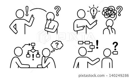 People explaining problem solving, training and workflow process line icon set People explaining problem solving, training and workflow process line icon set 140249286