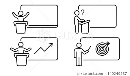 Speaker presenting business growth, target goal and blank board template line icon set Speaker presenting business growth, target goal and blank board template line icon set 140249287