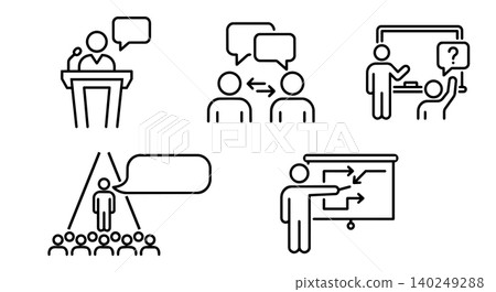 Public speaking, business communication and classroom education line icon set Public speaking, business communication and classroom education line icon set 140249288