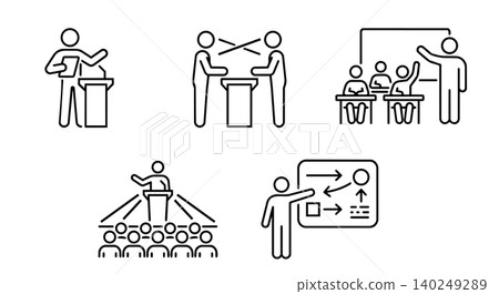 Public speaking, business debate and classroom education line icon set 140249289