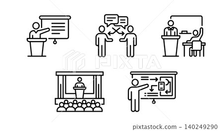 Public speaking, business debate and seminar education line icon set Public speaking, business debate and seminar education line icon set 140249290