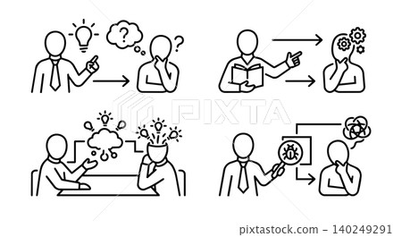 Mentorship, debugging, cloud brainstorming and problem solving line icon set Mentorship, debugging, cloud brainstorming and problem solving line icon set 140249291