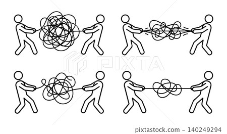 People pulling messy rope to solve conflict and problem line icon set People pulling messy rope to solve conflict and problem line icon set 140249294
