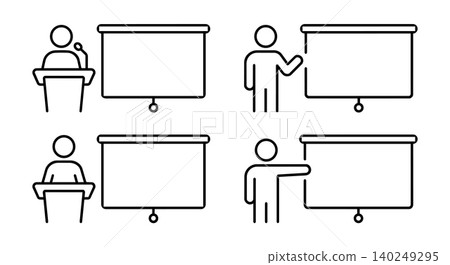 Speaker on podium with blank presentation screen template line icon set Speaker on podium with blank presentation screen template line icon set 140249295