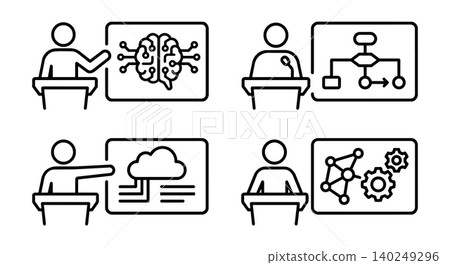 Speaker presenting AI technology, cloud computing and workflow line icon set Speaker presenting AI technology, cloud computing and workflow line icon set 140249296