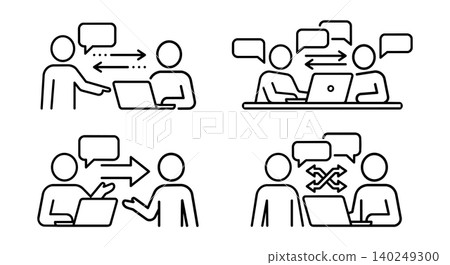 Business teamwork, people communication and laptop training line icon set Business teamwork, people communication and laptop training line icon set 140249300