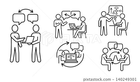 Agile development, DevOps workflow, coding training and team communication line icon set 140249301