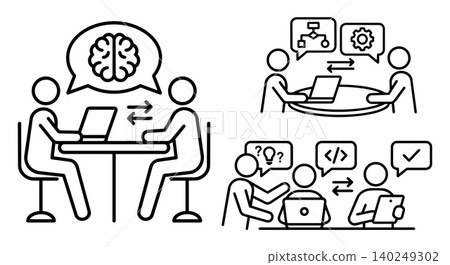 Software engineering development, brain storming and business team communication line icon set Software engineering development, brain storming and business team communication line icon set 140249302