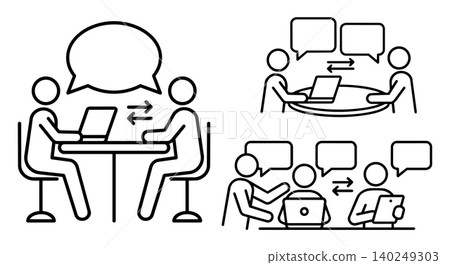Business team communication, laptop layout and blank speech bubble template line icon set 140249303