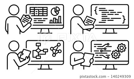 Data analysis, software coding, and workflow automation line icon set. Programmer or analyst working with computer dashboard, flowchart, and system settings vector illustration. Data analysis, software coding, and workflow automation line icon set. Programmer or analyst working with computer dashboard, flowchart, and system settings vector illustration. 140249309