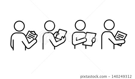 Business people holding document, clipboard, and paper report line icon set. Auditor, office worker, or student reviewing checklist and summary vector illustration. Business people holding document, clipboard, and paper report line icon set. Auditor, office worker, or student reviewing checklist and summary vector illustration. 140249312