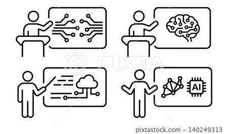 AI technology presentation, speaker training, and cloud computing line icon set. Lecturer explaining artificial intelligence, brain chip, and network concept vector illustration. AI technology presentation, speaker training, and cloud computing line icon set. Lecturer explaining artificial intelligence, brain chip, and network concept vector illustration. 140249313