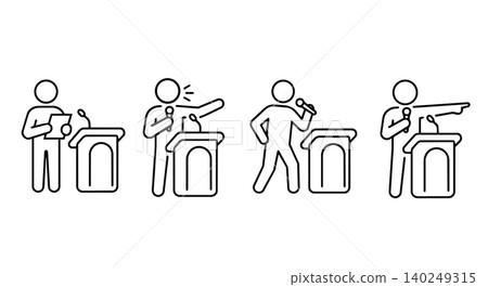 Public speaker, politician debate, and lecturer speech gesture line icon set. Speaker holding microphone on podium presenting or pointing variant poses vector illustration. 140249315