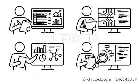 Data audit, system monitoring, file management, and code debugging line icon set. IT administrator or analyst working with computer dashboard and magnifier vector illustration. Data audit, system monitoring, file management, and code debugging line icon set. IT administrator or analyst working with computer dashboard and magnifier vector illustration. 140249317