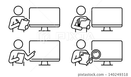 Blank computer screen with person auditing file and data mockup line icon set. Customizable template for IT monitoring, workspace dashboard, and research vector illustration. Blank computer screen with person auditing file and data mockup line icon set. Customizable template for IT monitoring, workspace dashboard, and research vector illustration. 140249318