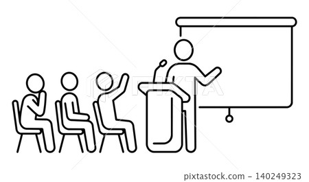 Business presentation, seminar lecture, and classroom training line icon. Speaker on podium with blank screen and audience raising hand vector illustration. 140249323