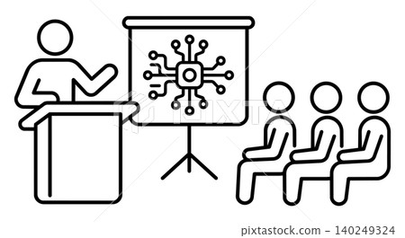AI technology presentation, microchip lecture, and tech seminar line icon. Speaker on podium explaining CPU circuit diagram to audience vector illustration. AI technology presentation, microchip lecture, and tech seminar line icon. Speaker on podium explaining CPU circuit diagram to audience vector illustration. 140249324