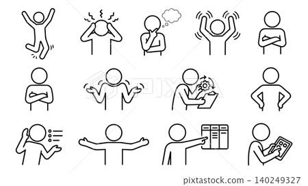 People body language, workplace emotions, and problem solving line icon set. Person character gestures, variant poses, and office action vector illustration. People body language, workplace emotions, and problem solving line icon set. Person character gestures, variant poses, and office action vector illustration. 140249327