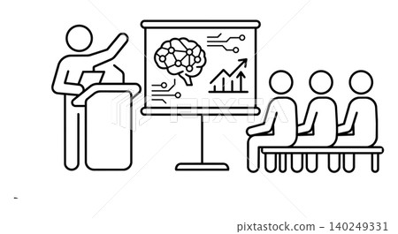 AI technology presentation, data science seminar, and tech business lecture line icon. Speaker explaining neural network brain chart to audience vector illustration. 140249331