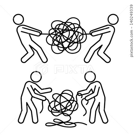 People untangling messy rope and tug of war conflict line icon set 140249339