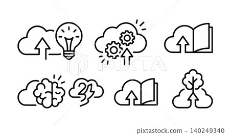 Cloud computing technology, artificial intelligence and data storage line icon set 140249340